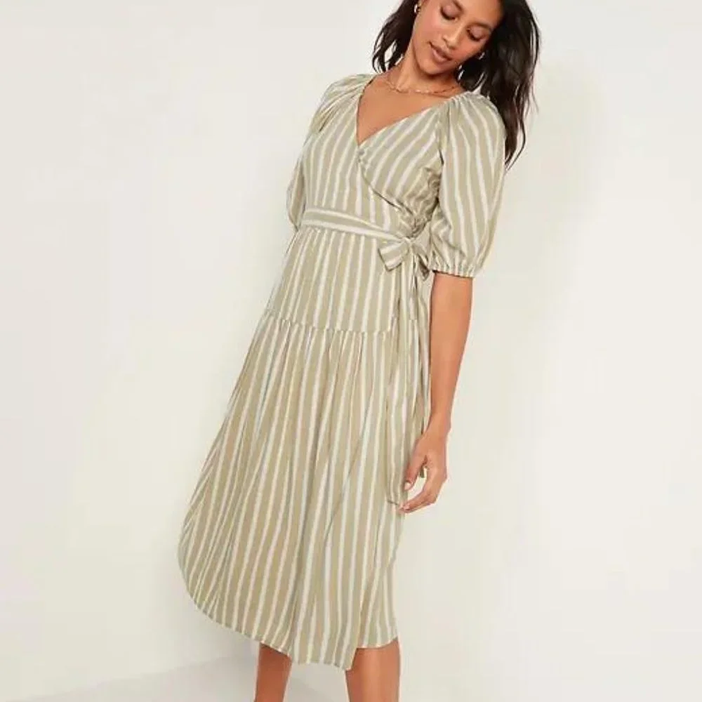 Old Navy Waist-Defined Striped Tie-Belt Midi Wrap Dress for Women New - Picture 1 of 2
